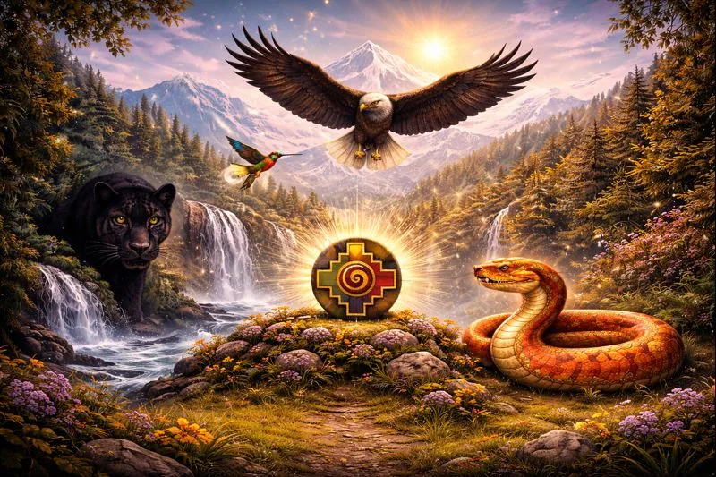 Andean medicine wheel the snake, jaguar, hummingbird and eagle